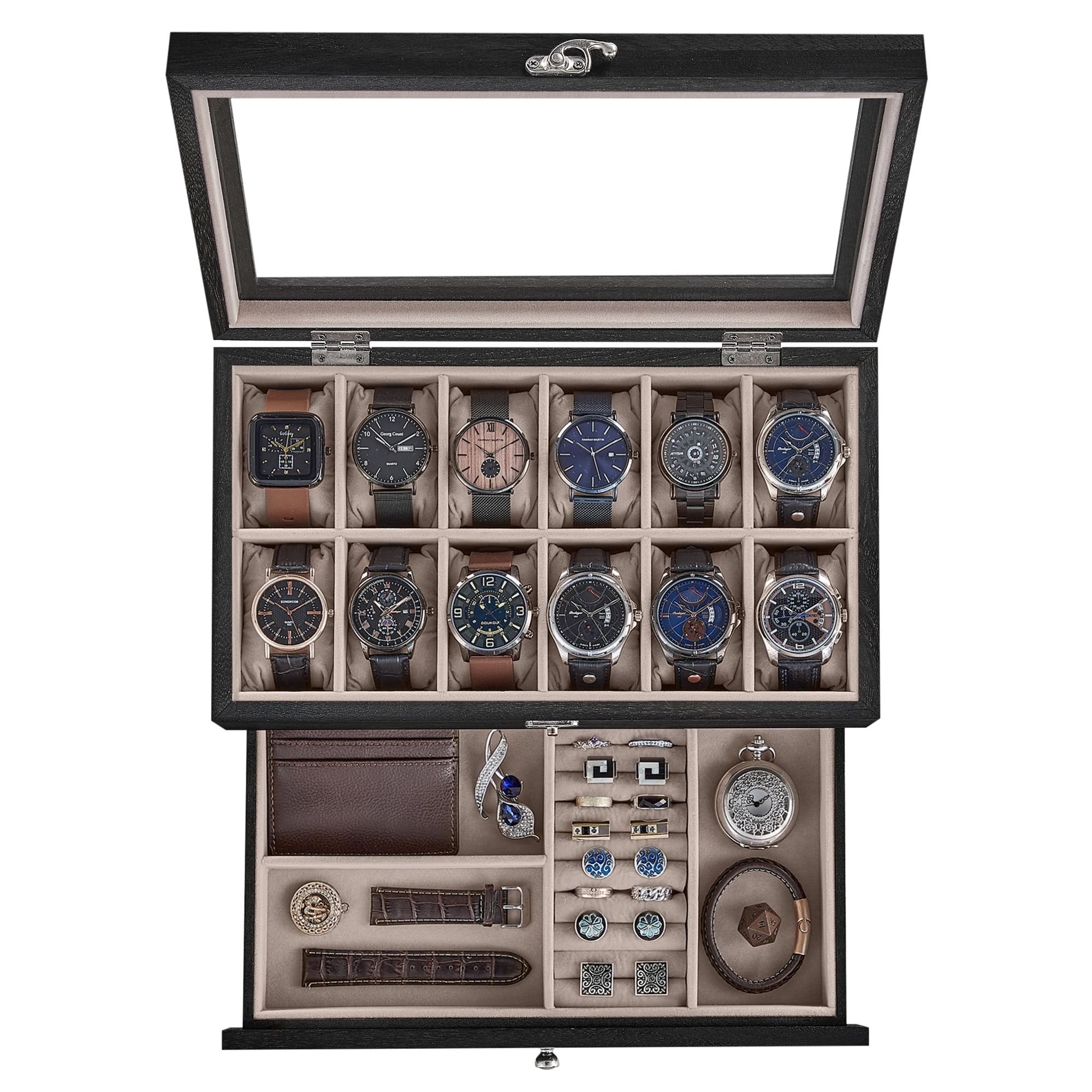 Two Tier Watch Box with Glass Lid Velvet Lining and Removable Pillows