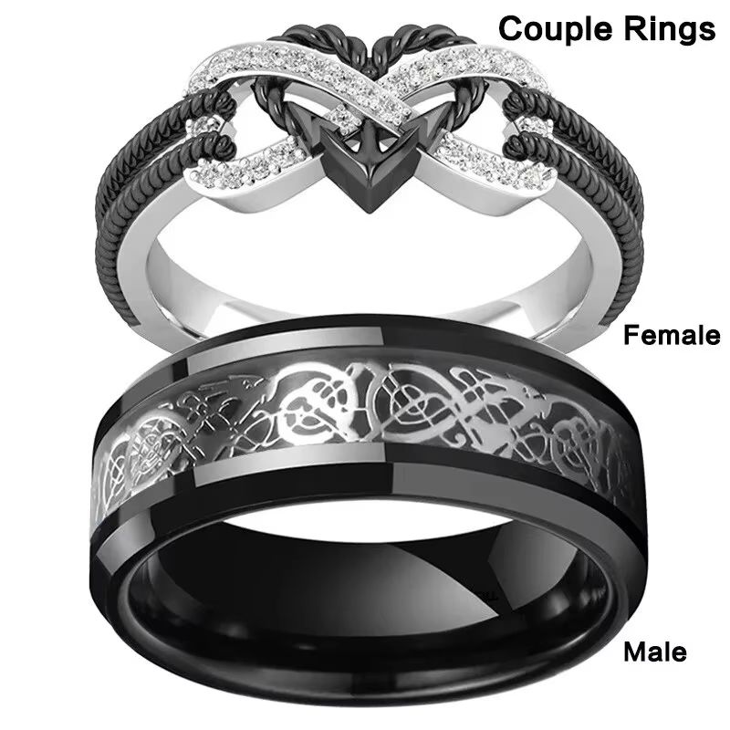 Stainless Steel Celtic Dragon and Heart Zircon Couple Ring Set for Men and Women