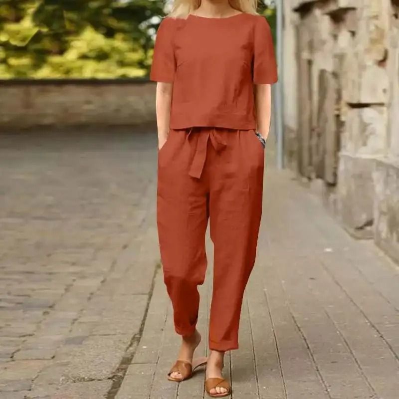 Womens Cotton Linen Matching Suit Lightweight Wide Leg Pants and Tie Waist Top
