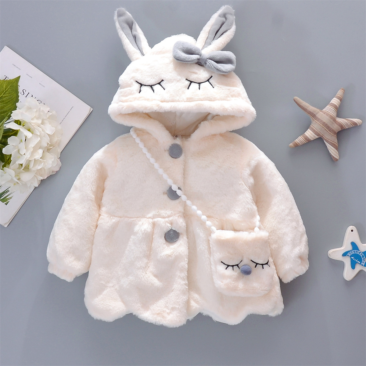 Baby Girl Clothes Long Sleeve Set, Cute Rabbit Hoodie Jacket, Winter Plush Bow Outfit Kids Clothes with Bag