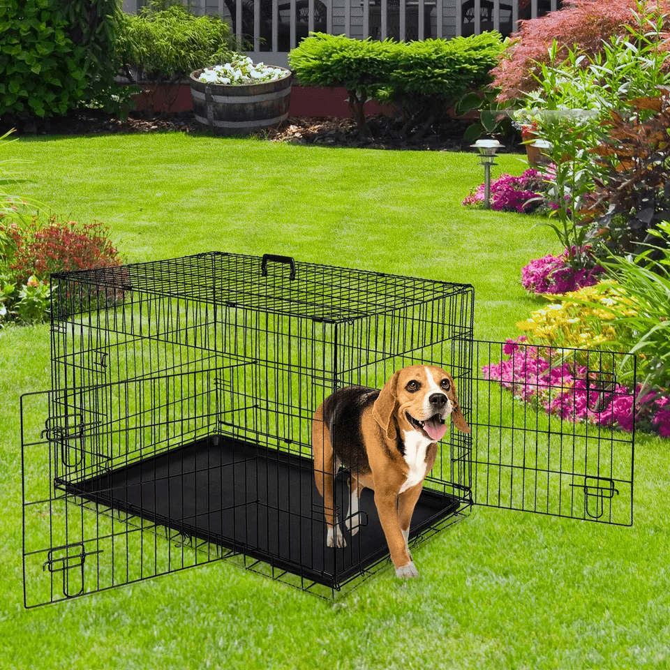 Metal Wire Dog Crate with Double Doors & Tray, Foldable Pet Kennel for Medium Dogs