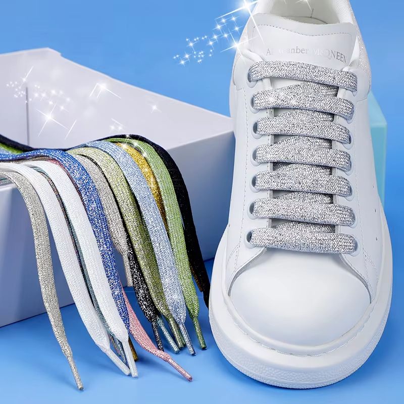 Glitter Shoelaces Shiny Flat Shoe Laces in Gold and Silver 0.39in Width for Sneakers and Boots