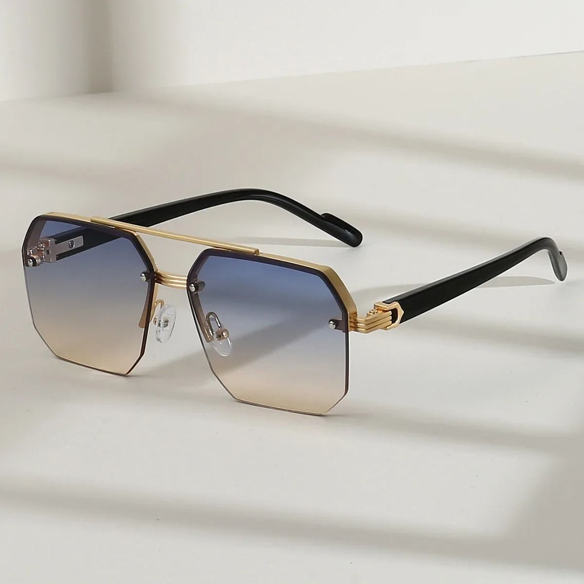 Mens Metal Square Half Frame Sunglasses Rice Nail Accent