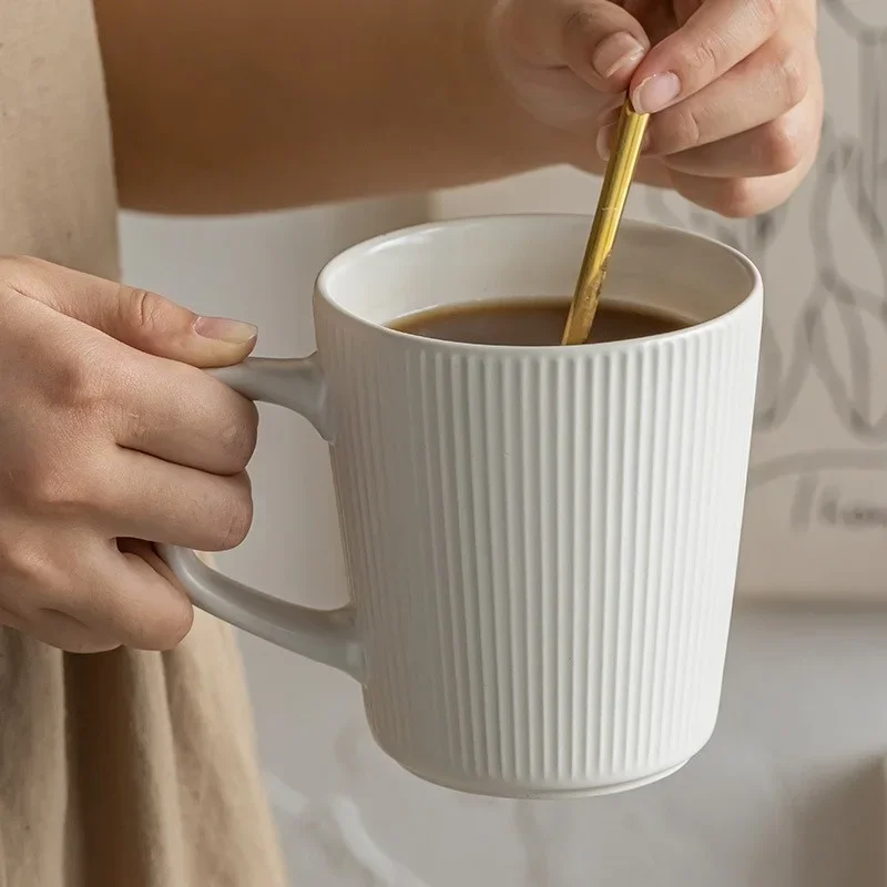 Nordic Style Milk Coffee Mug, Embossment Ceramics Mug, Practical Household Water Cup, Striped Solid Color Design with Ha
