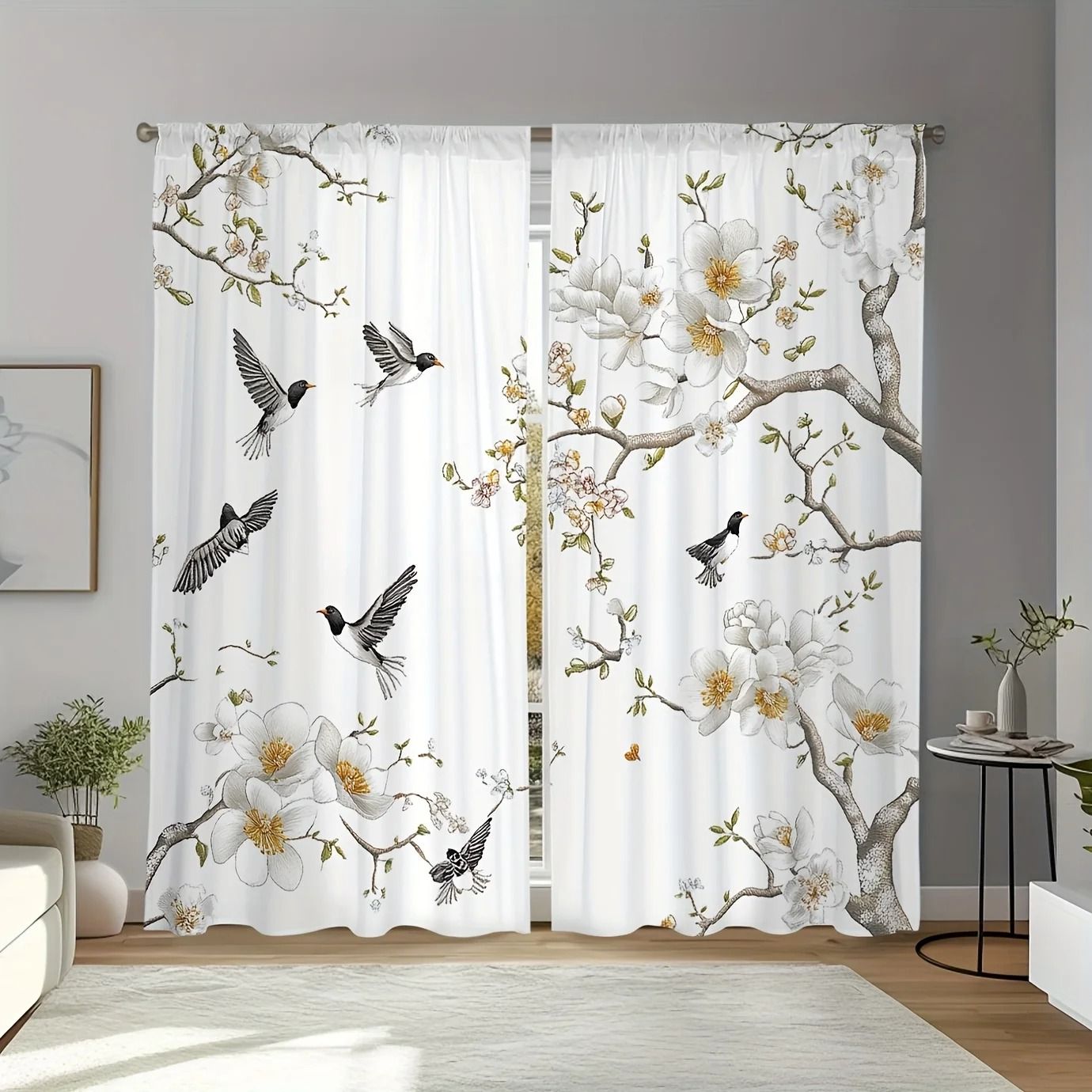 Floral & Bird Print Curtain Set | Luxury Botanical Window Treatments | 2-Piece Washable Living Room & Bedroom Decor