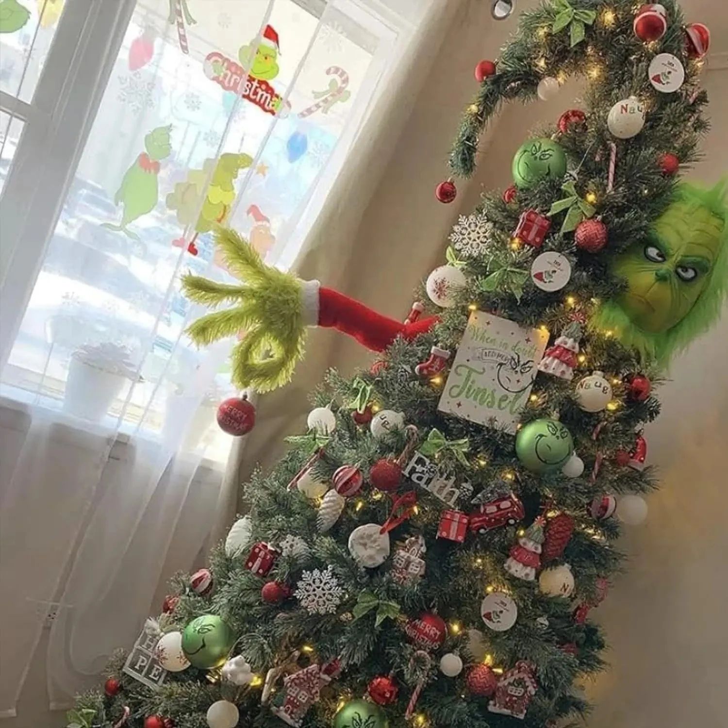 Funny Elf Tree Hugger Decoration Green Fur Monster Arm Doll Christmas Tree Ornament