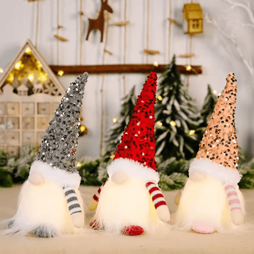 30cm Light Up Christmas Gnome Plush – Sequined Hat Faceless Elf Tabletop Decoration