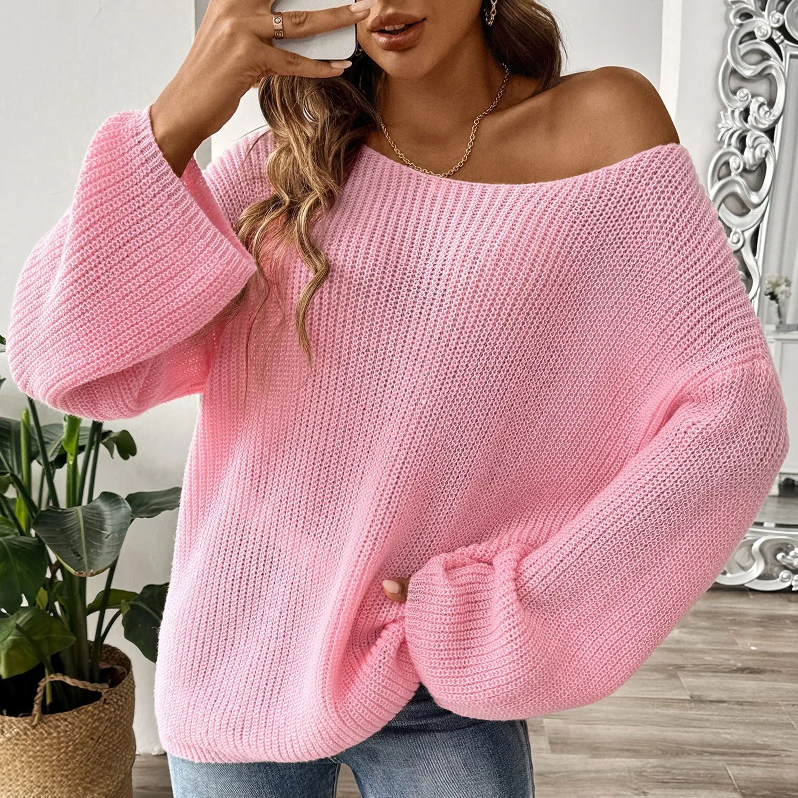 Chic Womens Off Shoulder Sweater with Flare Sleeves - Loose Knit Pullover Top