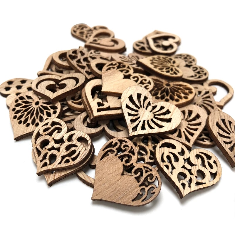 50pcs Heart Wood Hangings Love Wooden Crafts Wedding Party Decoration Birthday Valentine's Gifts Home Table Decor Handiw
