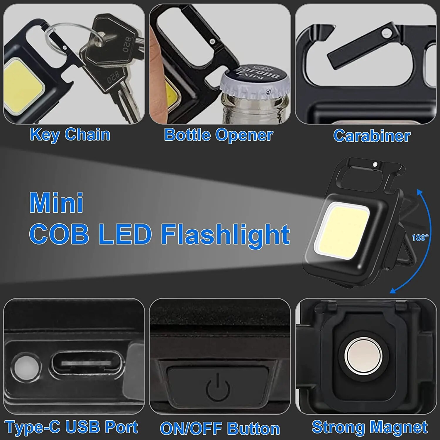 1000 Lumens COB Keychain Flashlight: Rechargeable Portable Pocket Light with 3 Modes & Folding Bracket