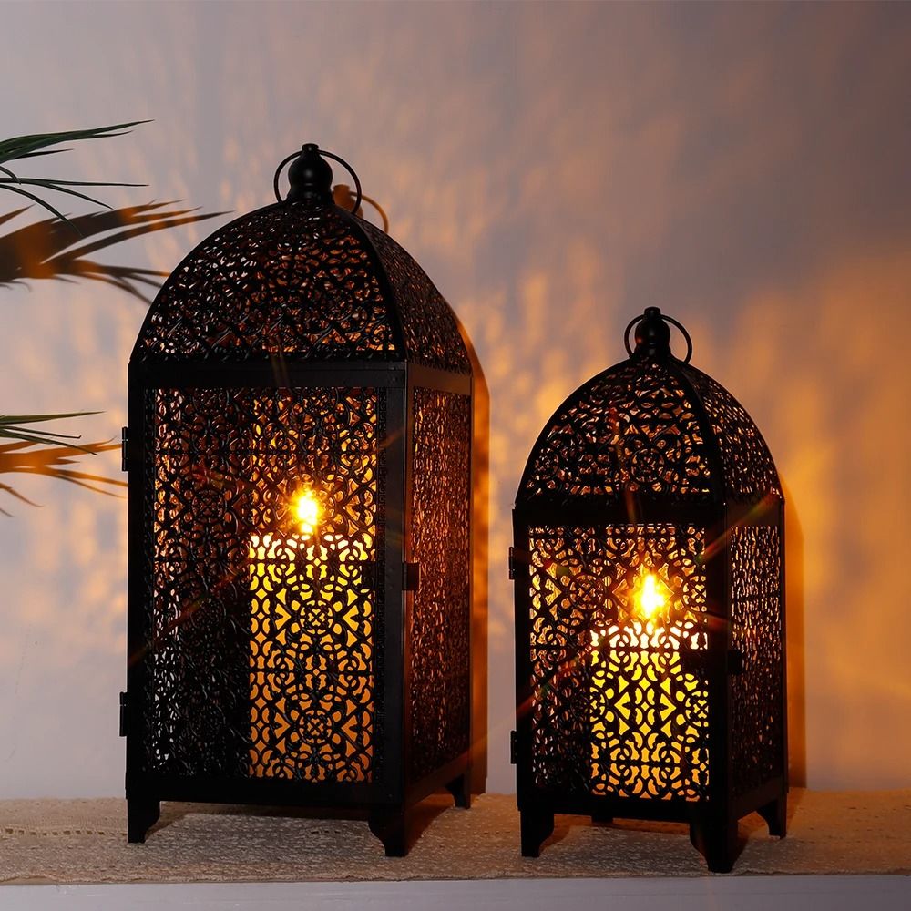 Black Metal Candle Lantern Set Hanging Candle Holder Decorative Lanterns