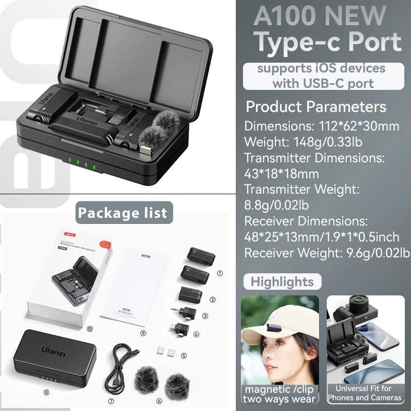 Ulanzi A100 Wireless Lavalier Microphone Kit with Charging Case