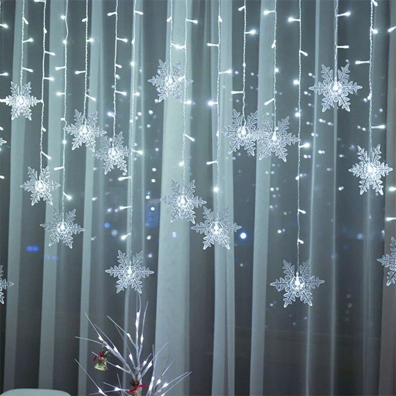 Christmas Snowflake LED Curtain String Lights – Flashing Holiday Fairy Garland