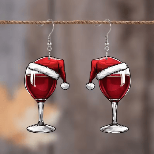 Festive Christmas Wine Glass Earrings – Acrylic Shaker Holiday Party Dangle Earrings