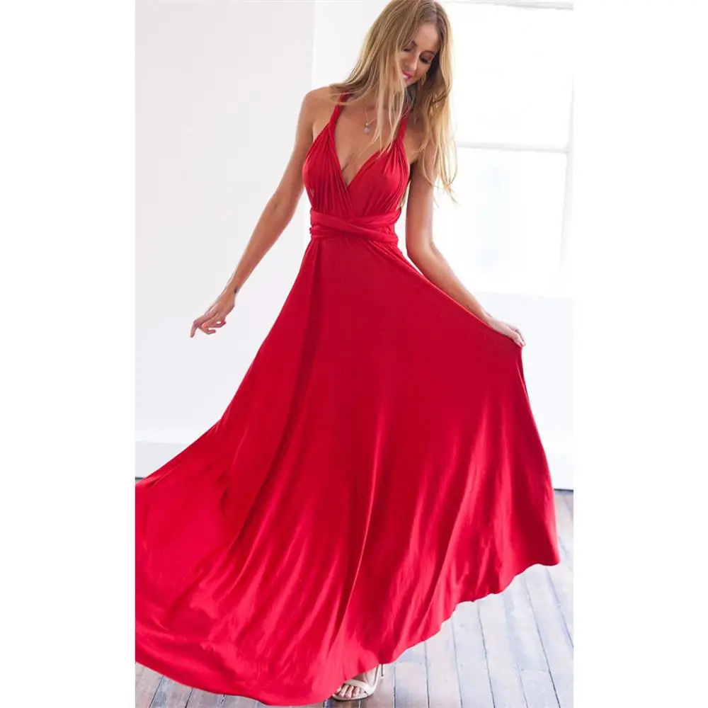 Convertible Boho Maxi Red Dress, Sexy Women Multiway Wrap Bandage Long Dress for Club Party Bridesmaids Infinity Robe