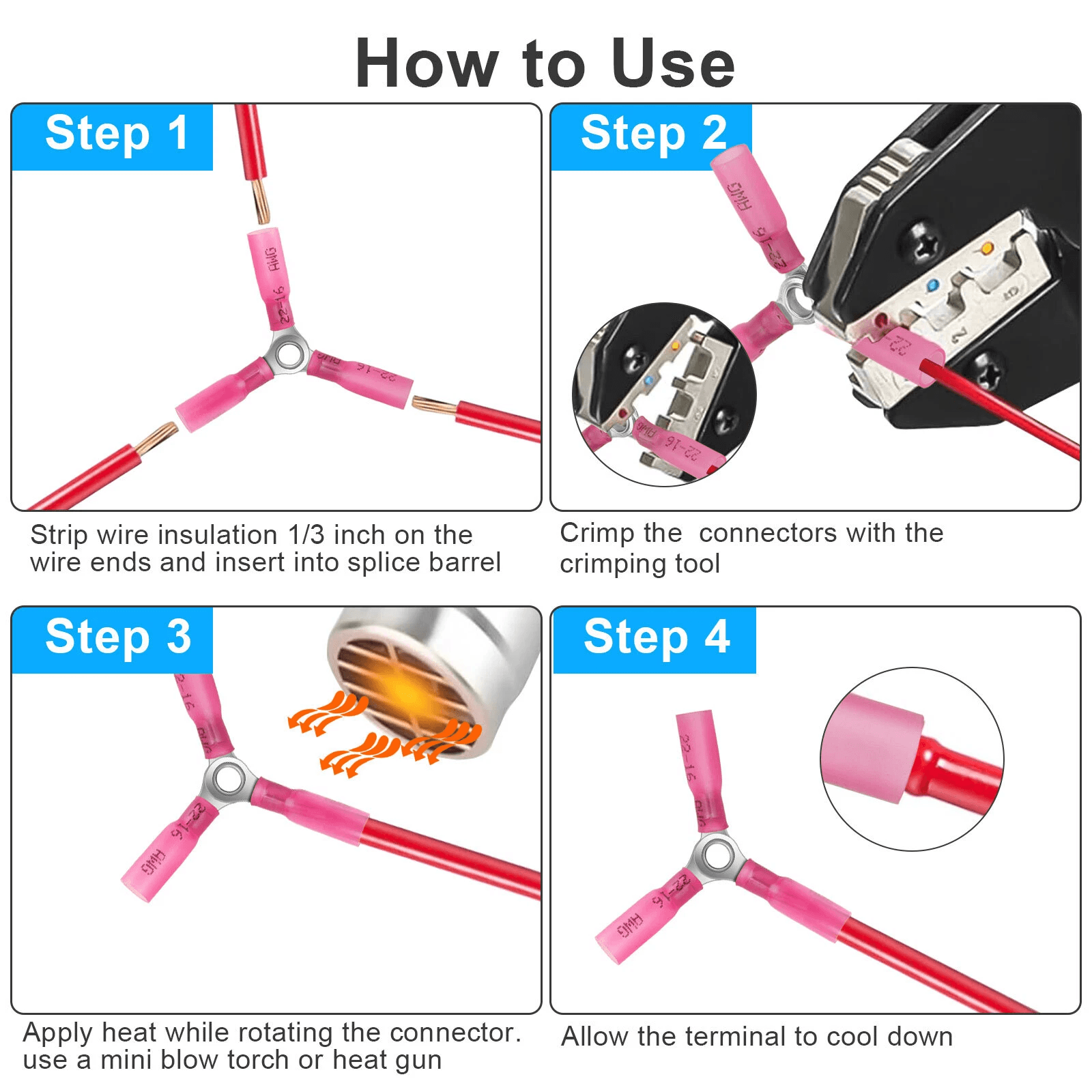 20pcs 22-16 Gauge AWG 3 Way Wire Connector Heat Shrink Butt Terminals Waterproof Heavy Duty Electrical Splice for Marine