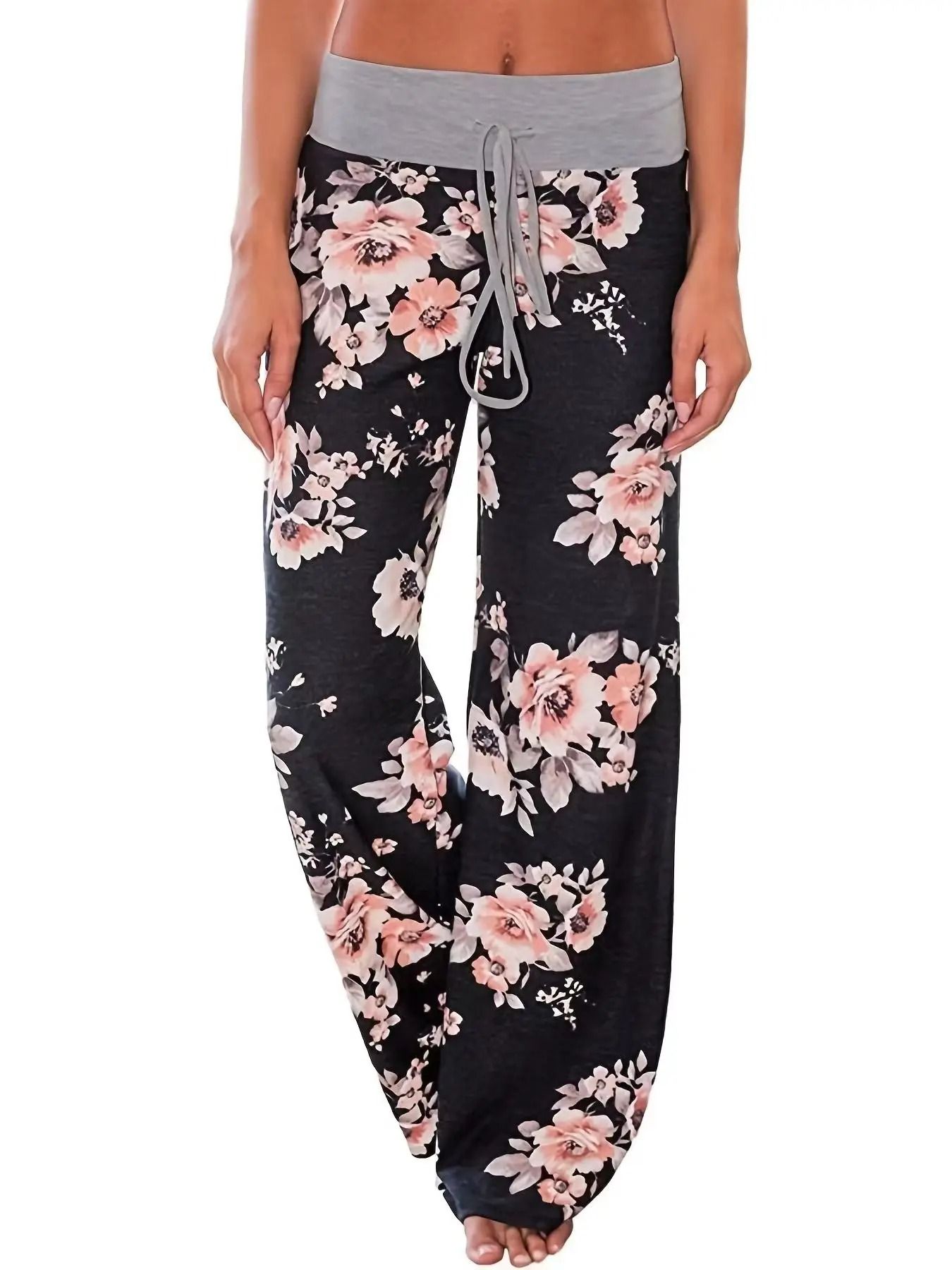 Women Casual Wide Leg Yoga Pants with Drawstring and Stretch Fit