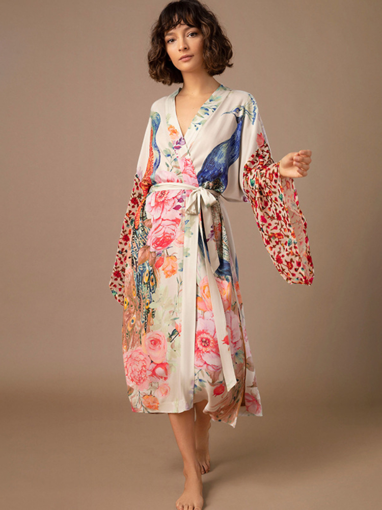 Peacock Printed Beach Kimono for Women, Self Belted Wrap Dresses, Swimsuit Cover Up, Seaside Bathing Suits, Beachwear