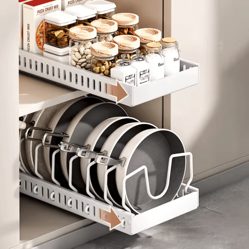 Pull-Out Pots & Pans Organizer Drawer with Dividers Space Saving pot lid organizer for Cabinets