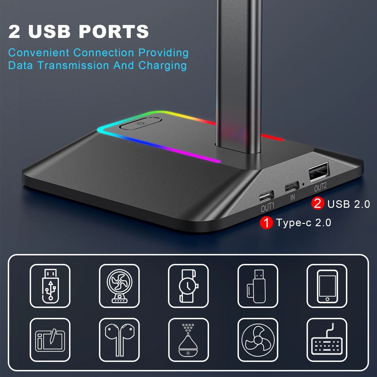 New Bee Z8 RGB Headphones Stand with USB Hub