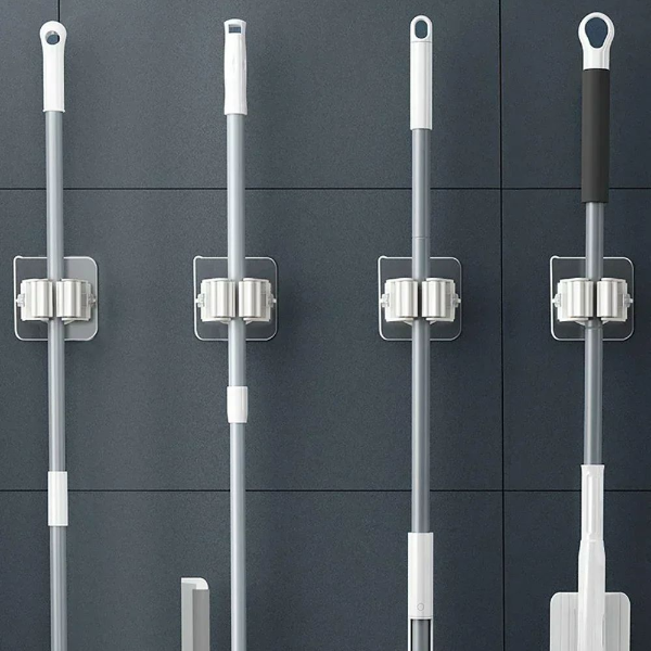 Mop Holder Wall Mount, Self-Adhesive Broom Stand, Space-Saving Brush & Umbrella Hook Organizer for Bathroom, Kitchen
