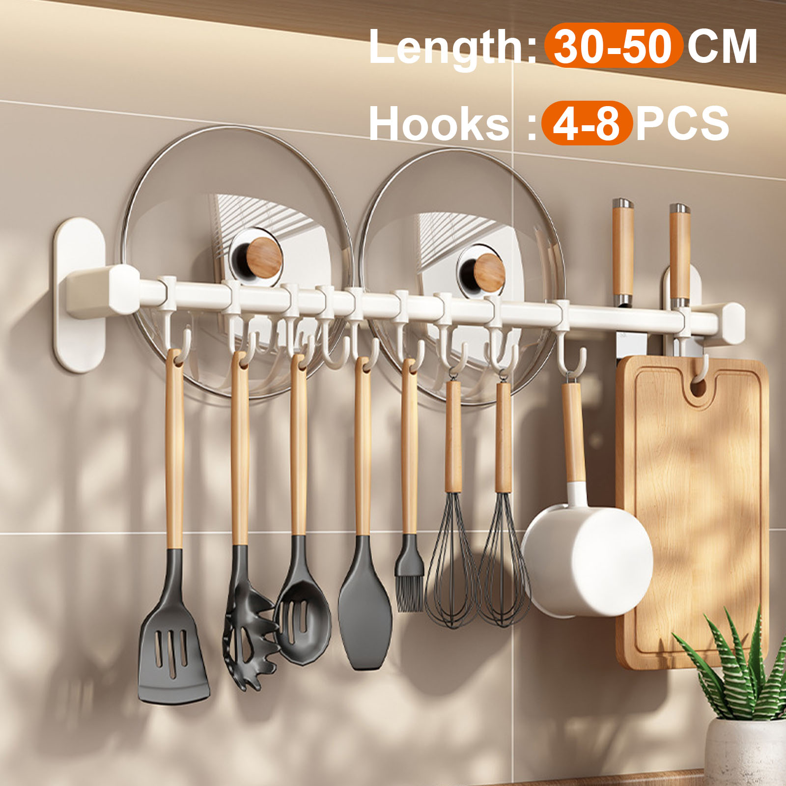 Wall Mounted Kitchen Hook Rack, No-Punching Wall Hangers, Rail Kitchen Utensils Rack, Spoon Shovel, Chopping Board