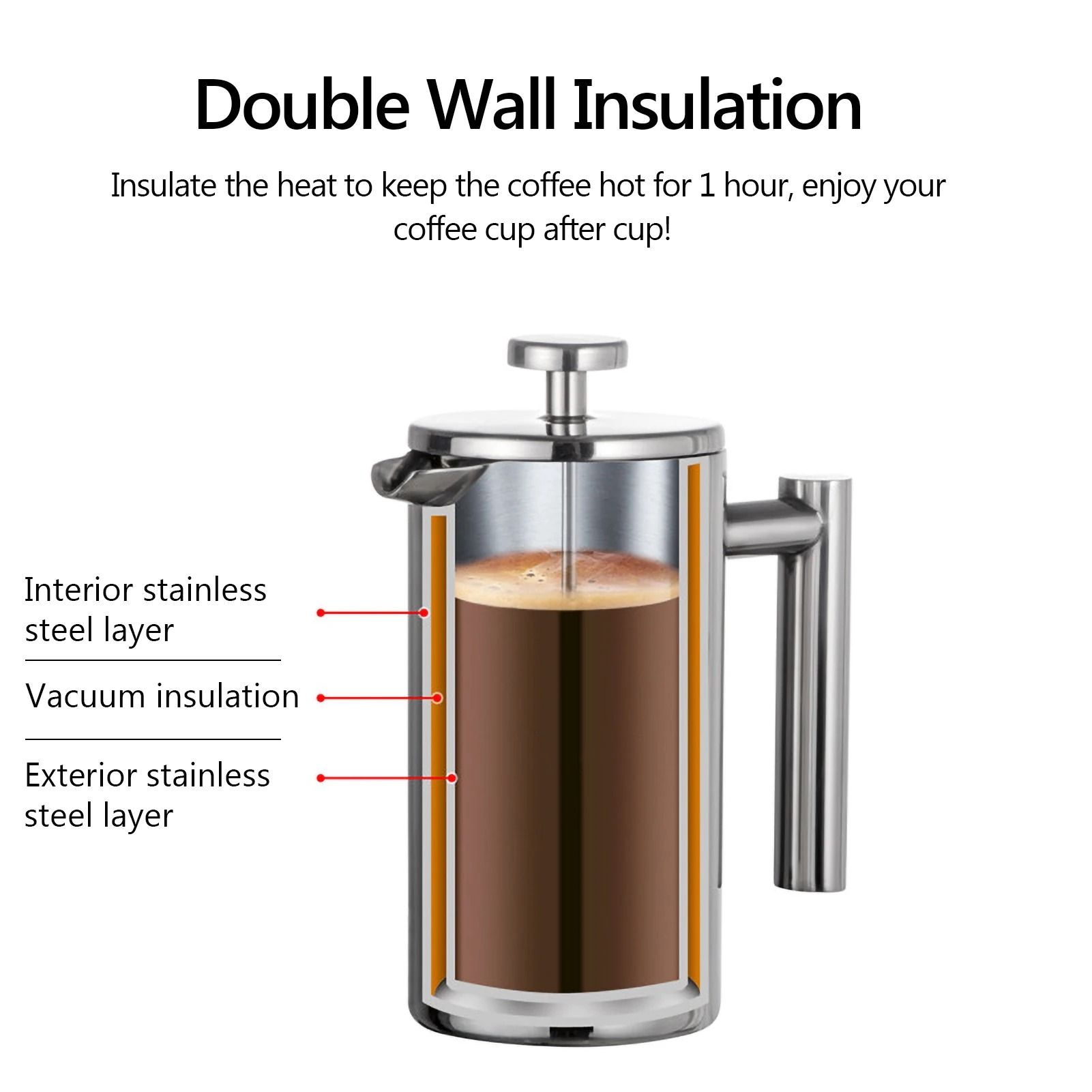 Stainless Steel French Press Coffee Maker with Double Wall Insulation