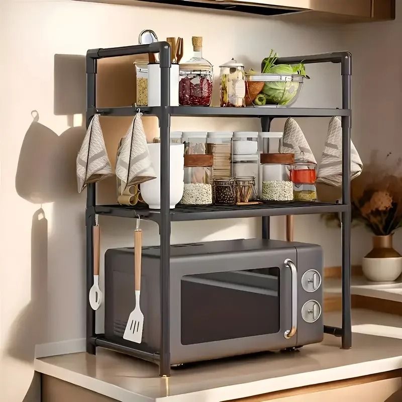 Microwave Oven Storage Rack – Space-Saving Countertop Organizer – Plastic Kitchen Utensil & Tableware Shelf
