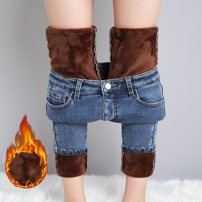 Women Thermal Jeans, Warm Fleece Lined Winter Denim Pants, Stretch Skinny Retro Blue Thicken Pencil Trousers