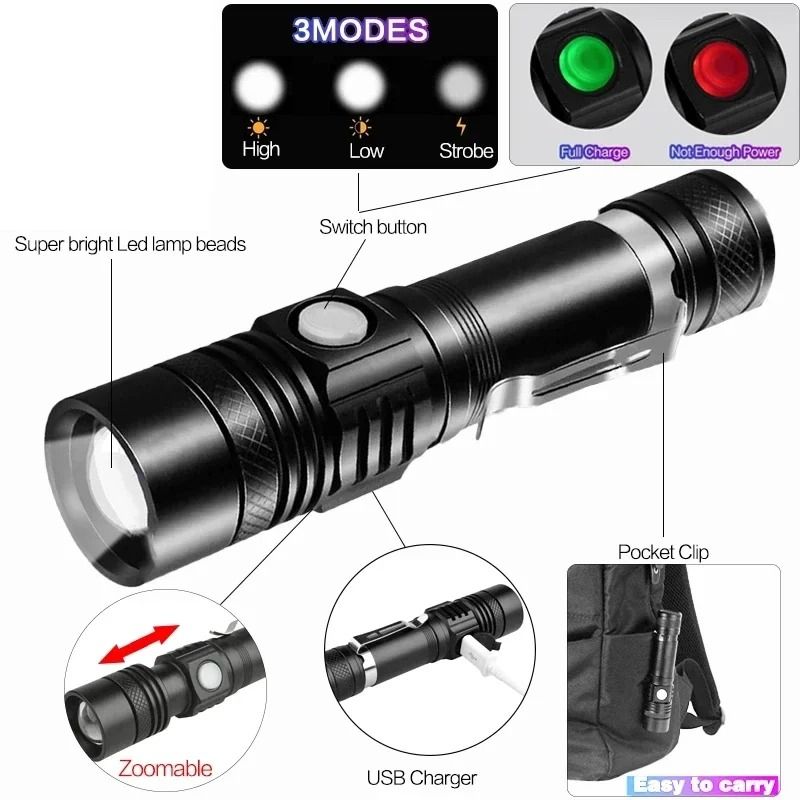 USB Rechargeable Portable LED Flashlight for Outdoor Use