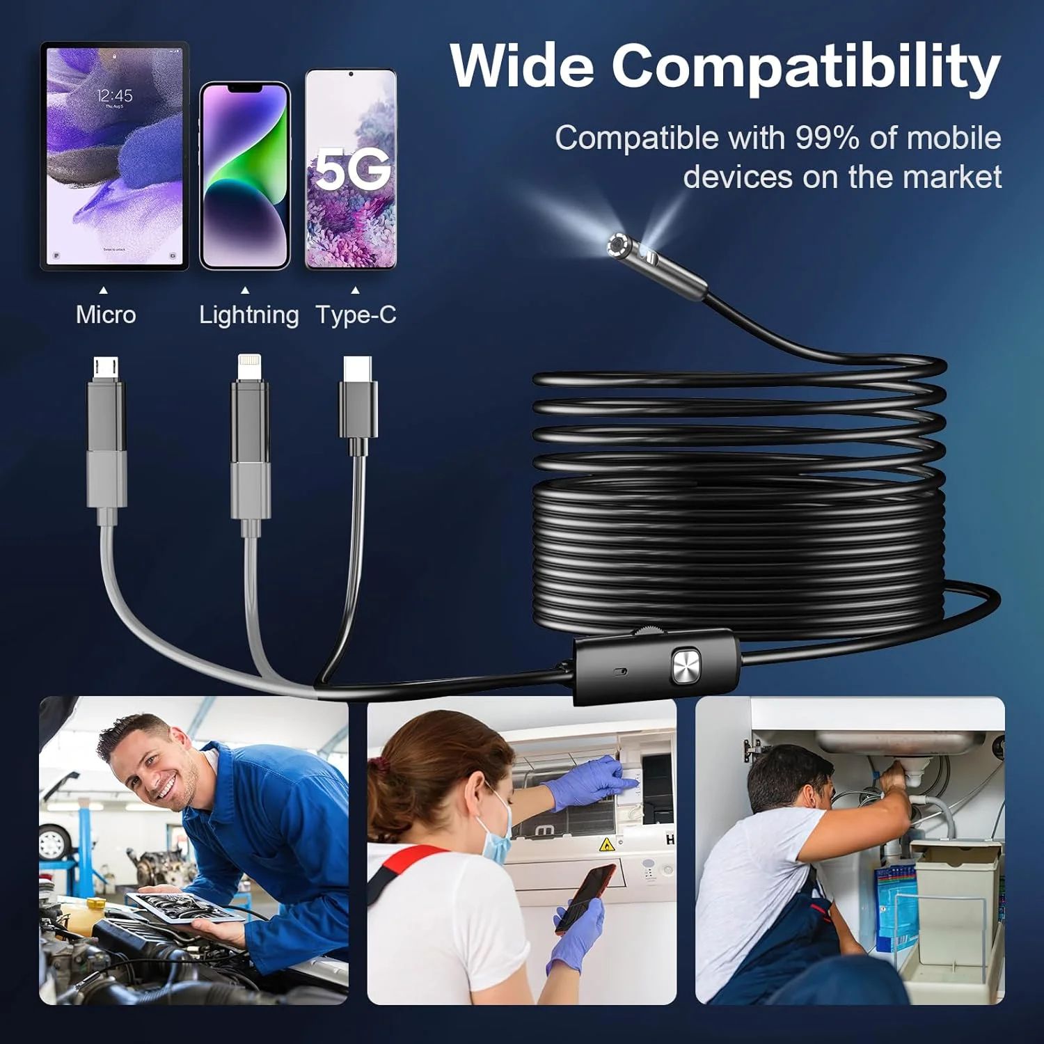 1080P 8mm Borescope Endoscope Camera for iPhone and Type-C Android, Flexible Automotive Inspection Camera