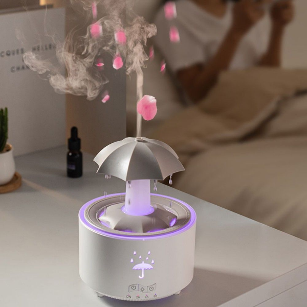 Rotating Umbrella Waterfall Humidifier, LED Aromatherapy Diffuser with Raindrop
