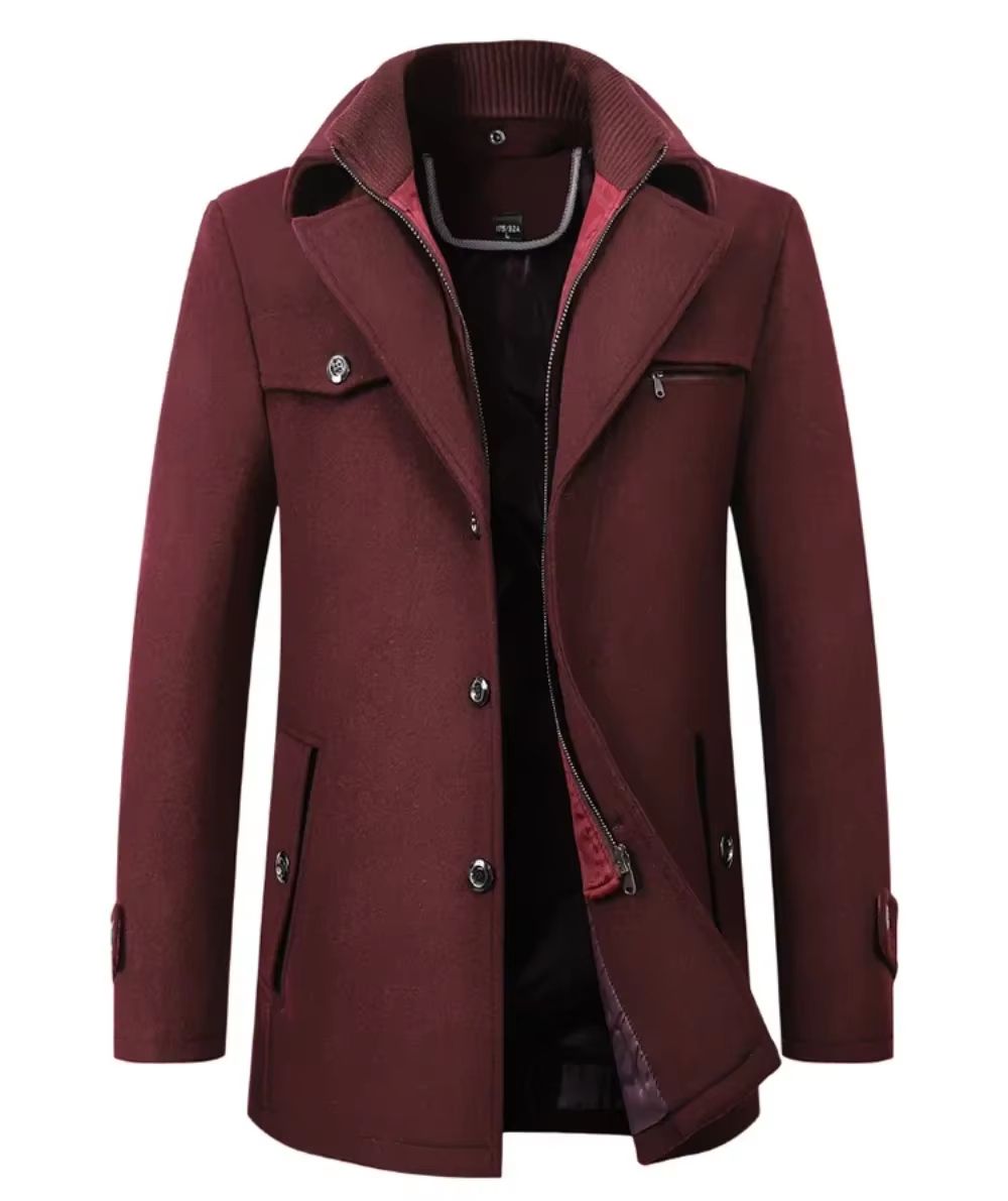 Classic Double Collar Men's Pea Coat – Elegant Men's Woolen Trench Coat Winter Overcoat