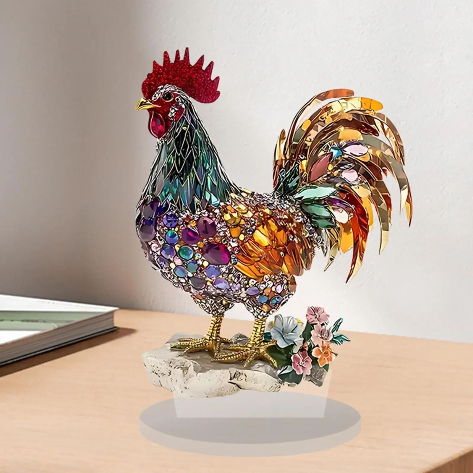 Colorful Acrylic Rooster Ornament – Artistic Farmhouse Rooster Desk Decor Figurine