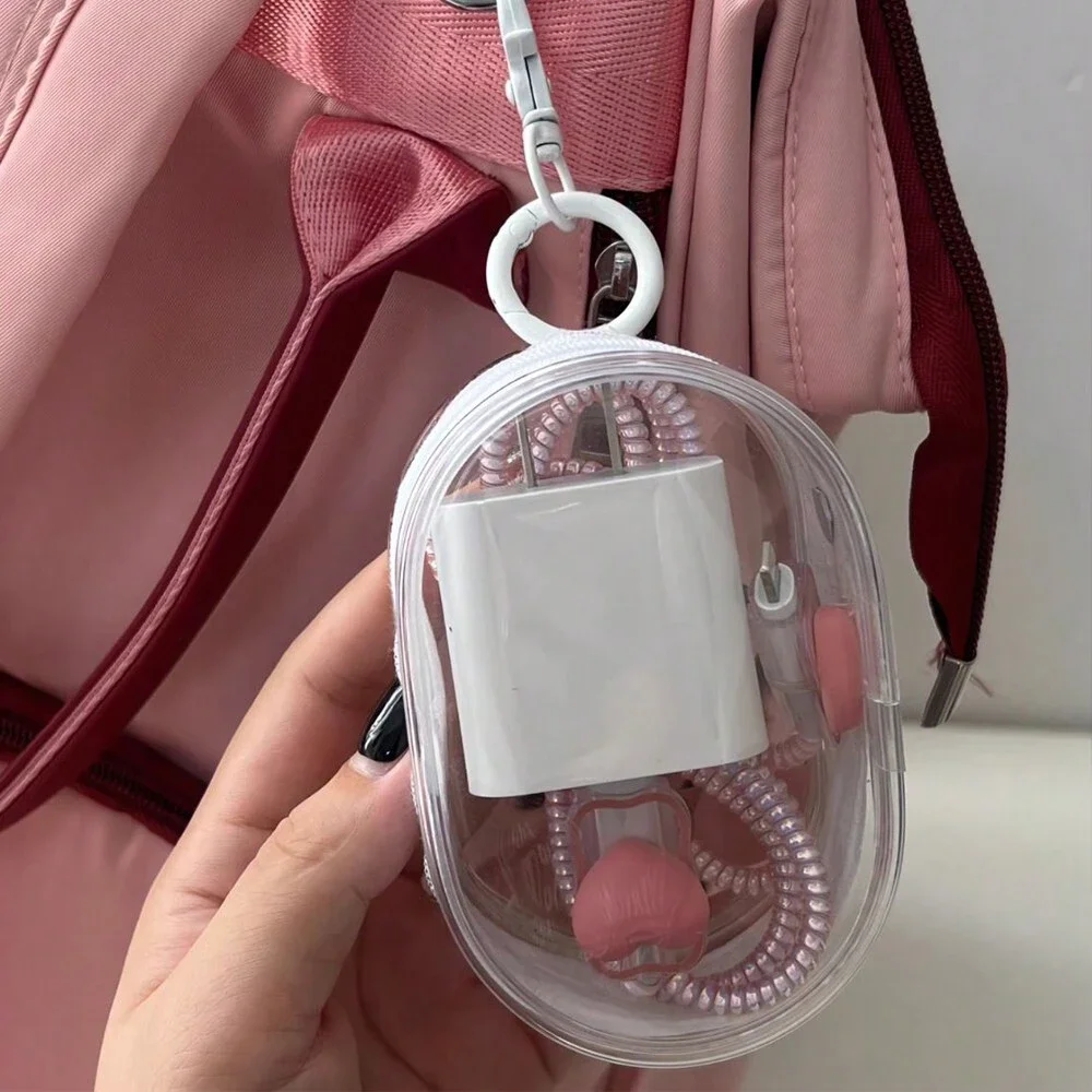 Portable Transparent Storage Bag with Zipper – Multi-purpose Headphone & Charger Case for Travel with Keychain