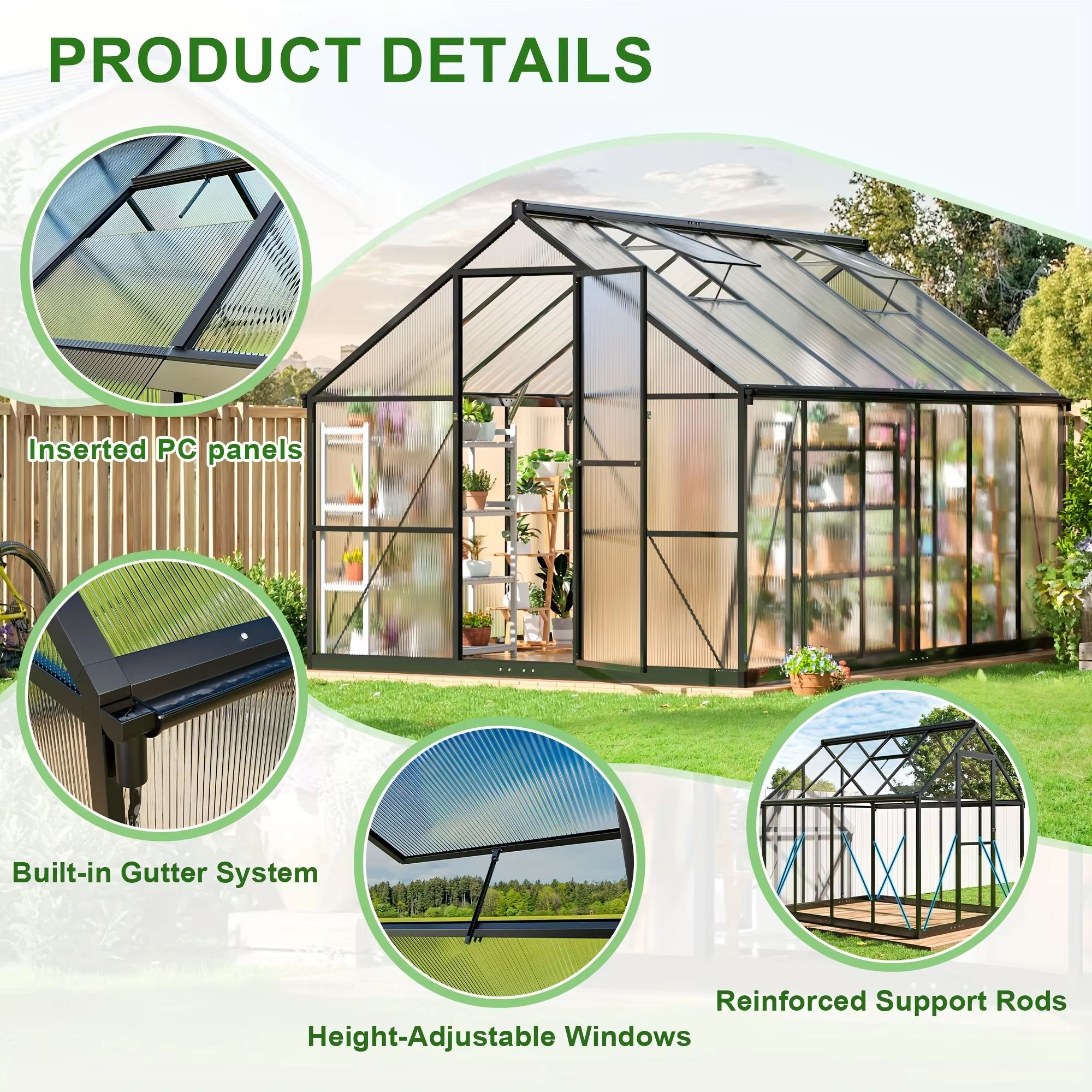 VIWAT Polycarbonate Greenhouse with Aluminum Frame and Vent Roof UV Protected Backyard Garden Structure