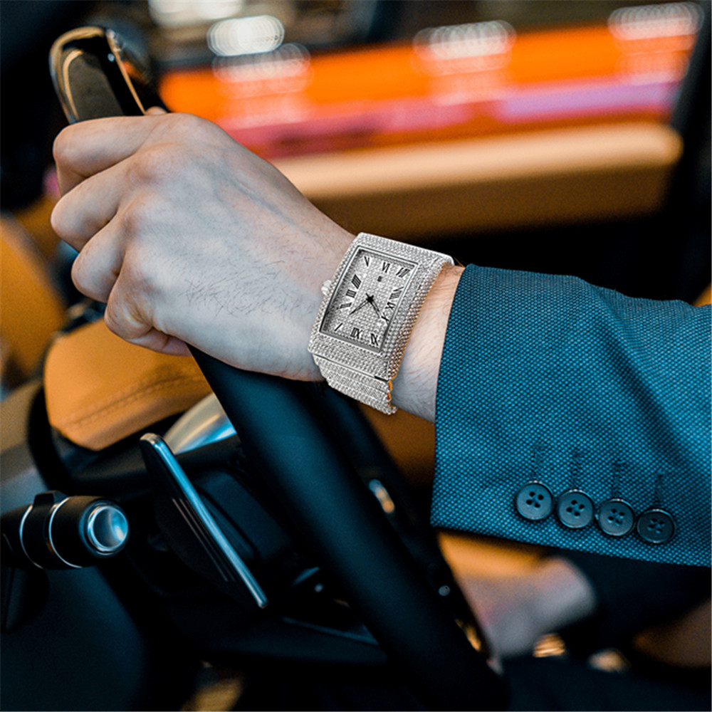 Hip Hop Diamond Golden Rectangular Date Quartz Watch, Famous Original Brand Designer Watches For Men