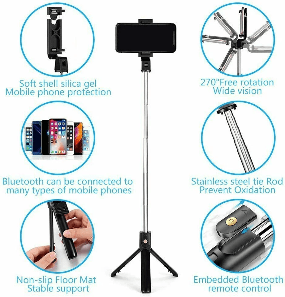 Bluetooth Selfie Stick Tripod Stand, Extendable Remote Desktop Cell Phone Holder, Adjustable Lightweight Travel Tripod