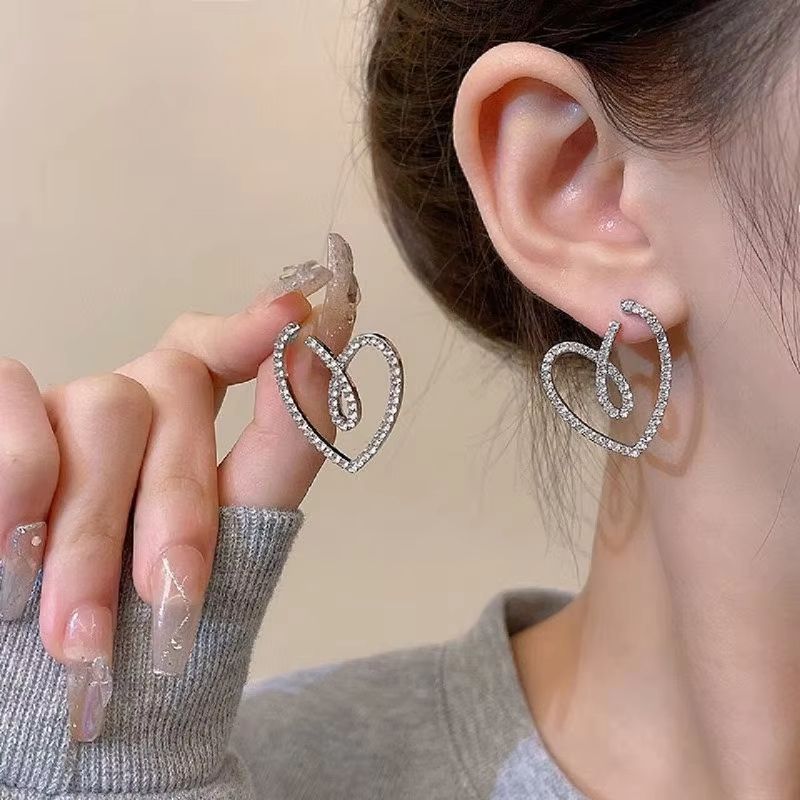 Korean Fashion Crystal Heart Zircon Earrings For Women 925 Silver Needle