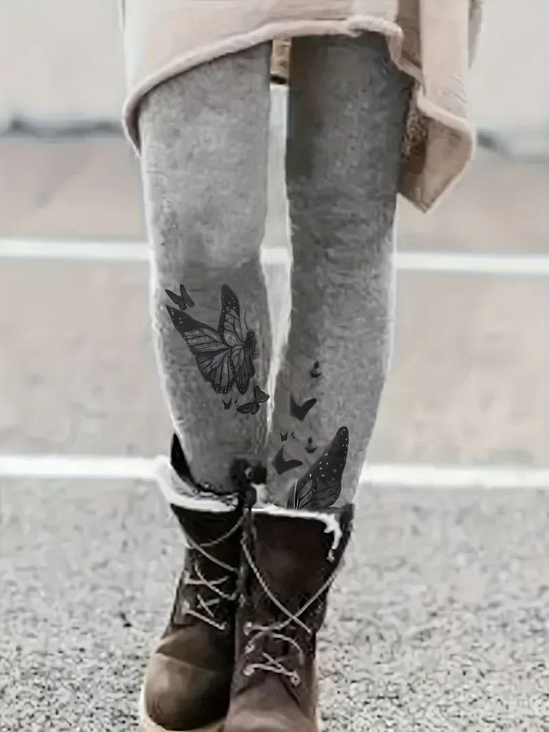 Women's Plus Size High-Waisted Butterfly Print Leggings – Casual Stretch Ankle-Length Pants for Spring & Autumn