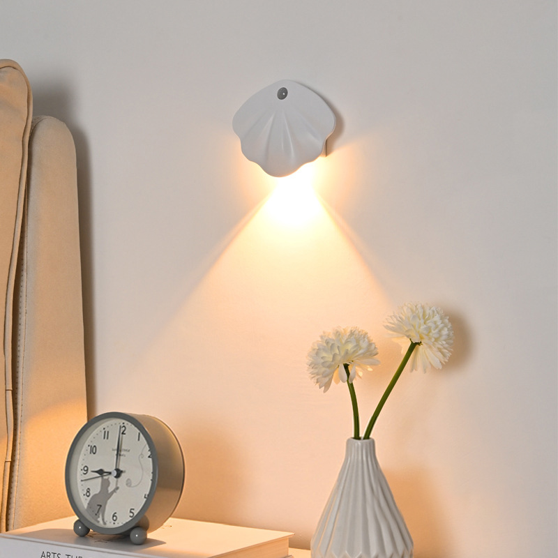 Rechargeable Night Light with Motion Sensor, Wireless Magnetic Shell Shape Wall Lamp, Dimming for Staircase