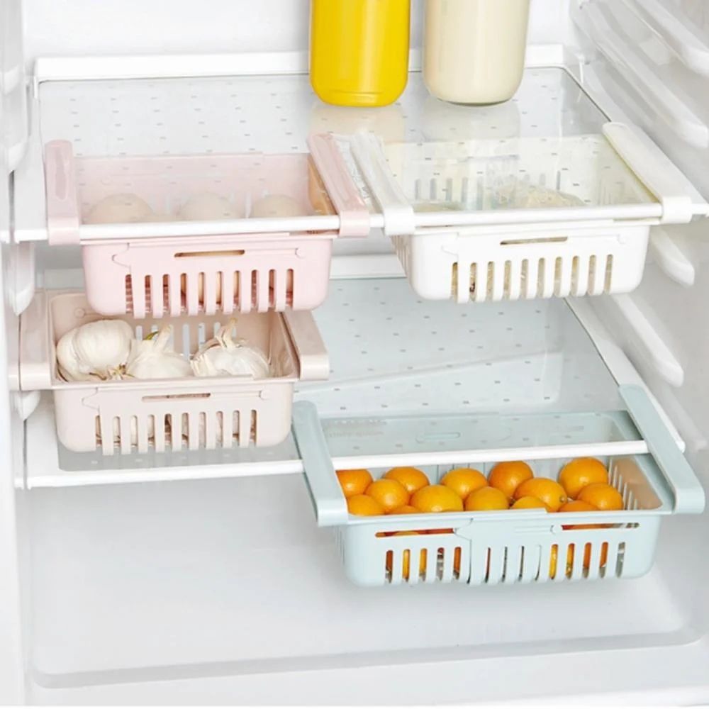 Pull-Out Refrigerator Drawer Organizer with Adjustable Shelf Fit and Fresh-Keeping Design