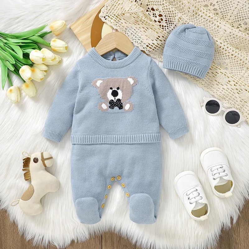 2-Piece Newborn Knitted Romper & Hat Set - Blue Winter Outwear Playsuit