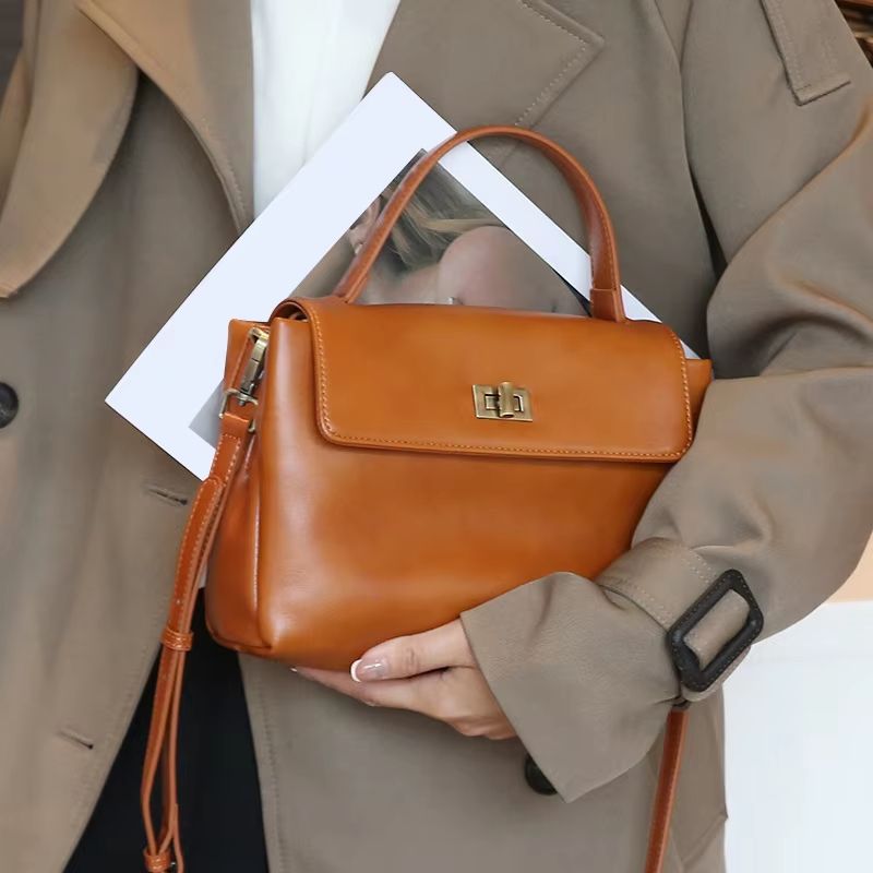 Luxury Suede Leather Messenger Bag with Gold Buckle, Soft Genuine Leather Shoulder Tote