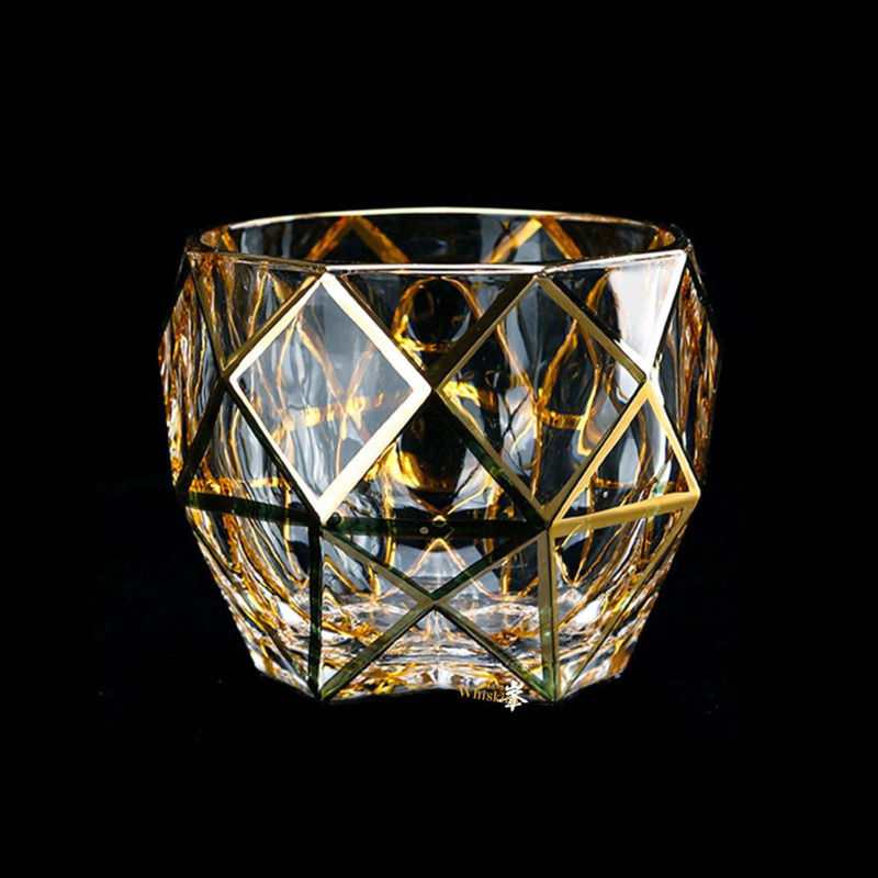 Gold Line Wine Whisky Glasses, Whiskey Glass Tumblers, Golden Painted Crystal Barware Cocktail Drinkware
