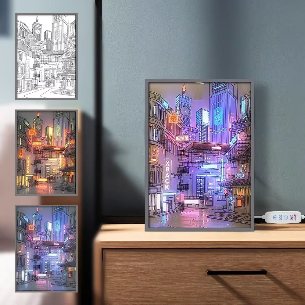 LED City Night View Wall Light – HD Light Painting with USB Dimming for Romantic Home Decor