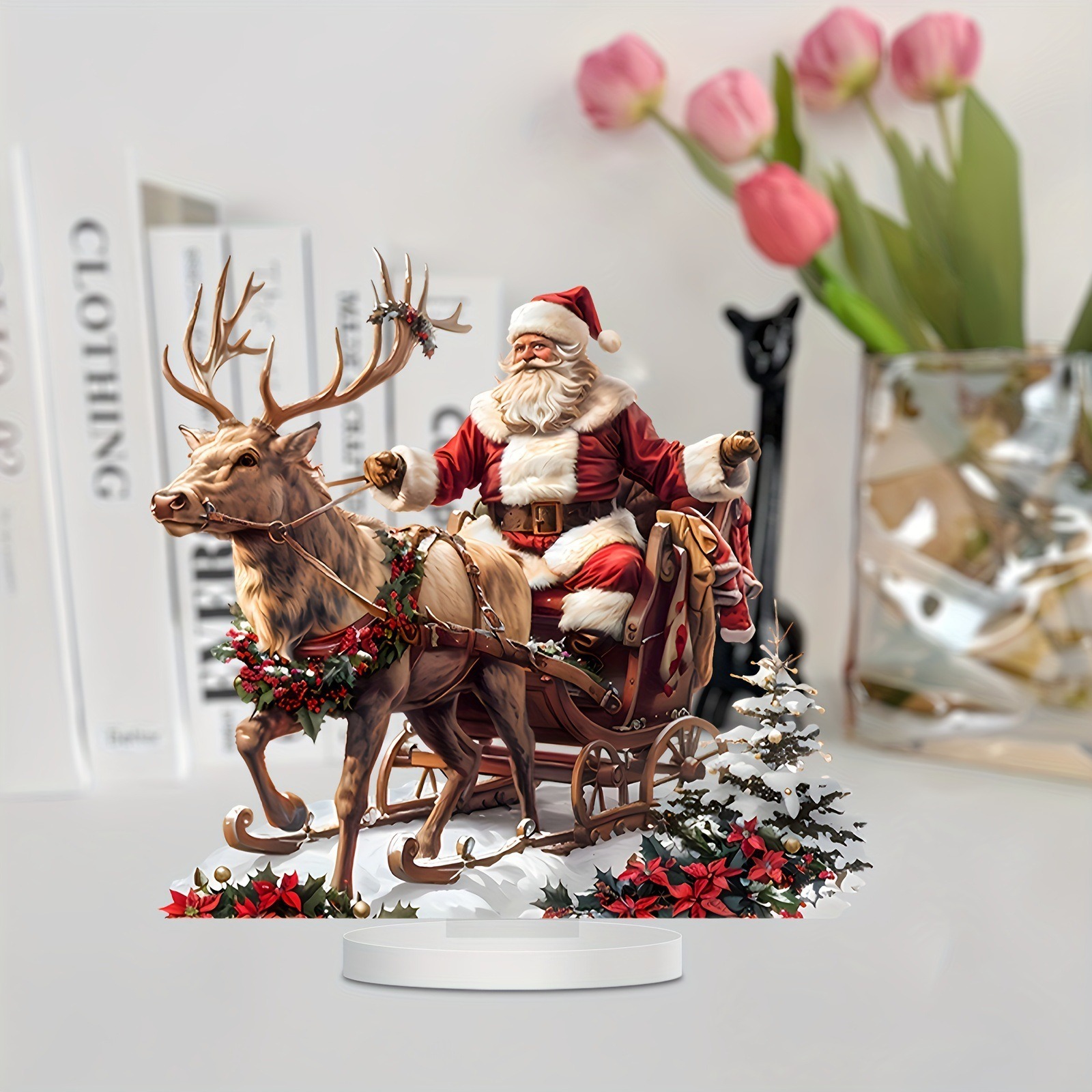 Acrylic Santa Claus Reindeer Sled Decoration, Tabletop Christmas Ornament with Base, Xmas Navidad Party Decor