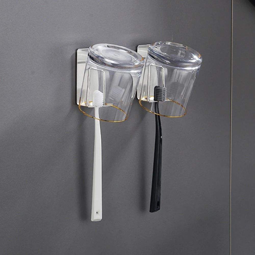 Stainless Steel Toothbrush And Cup Wall Hook Self Adhesive Bathroom Organizer