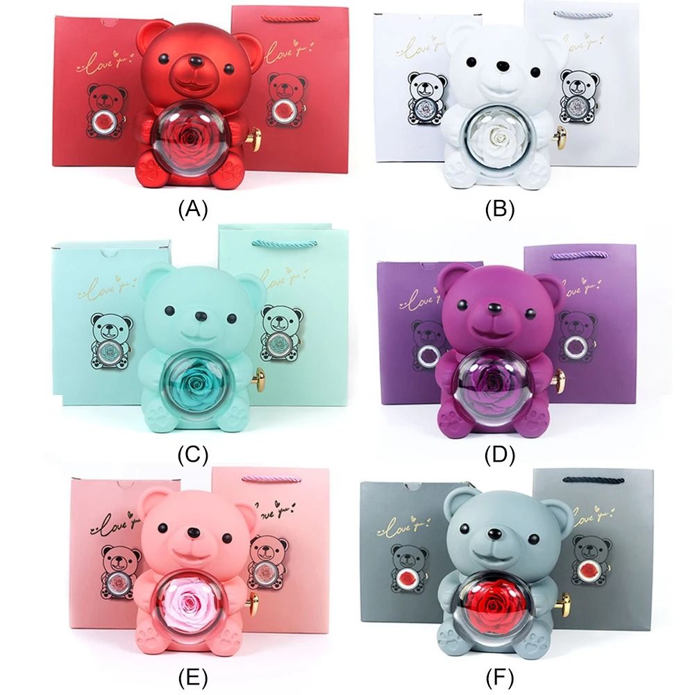 Eternal Rose Bear Jewelry Gift Box Romantic Rotating Rose Case