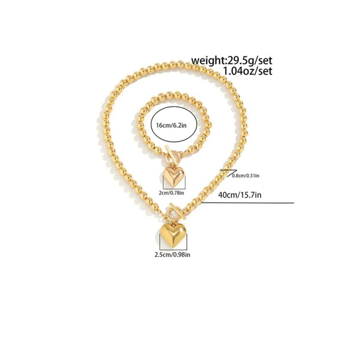2Pcs Luxury Gold Color Beads Heart Pendant Necklace Bracelet Set Punk Vintage OT Buckle Choker